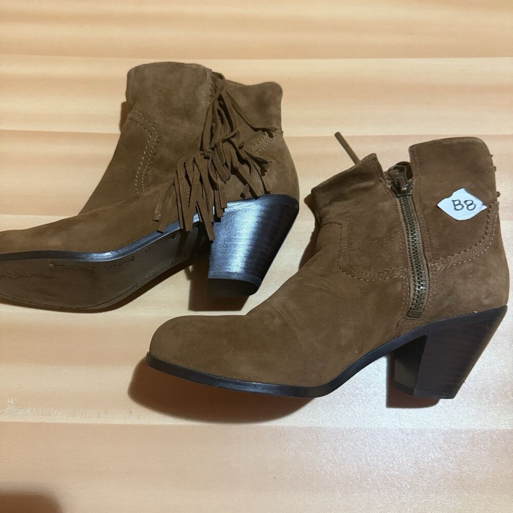 Sam Edelman Womens Heel Boots 7.5 M Brown Louie Zipper Short Fringe Shoes